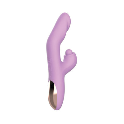 Lavender dual-stimulation massager with curved ergonomic design and rose gold accent handle on white background.