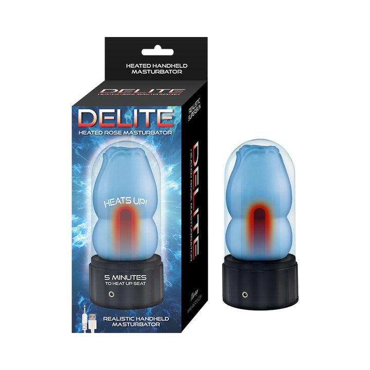 Blue Delite Heated Rose handheld masturbator with black base and protective clear cover next to its packaging box.