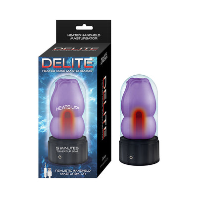 Purple Delite Heated Rose Masturbator with black base shown next to its packaging highlighting 5-minute heat-up feature.