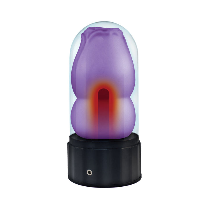 Purple rose-shaped heated masturbator with black base and clear protective cover, designed for realistic sensation and warmth.