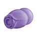 Purple handheld heated rose-shaped male masturbator with soft, stretchy material and textured opening.