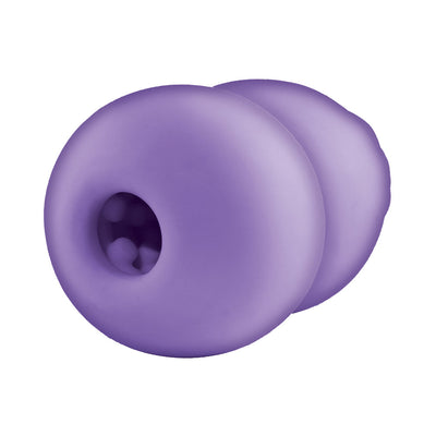 Compact purple heated rose-shaped handheld masturbator with soft, stretchy texture and textured interior tunnel.