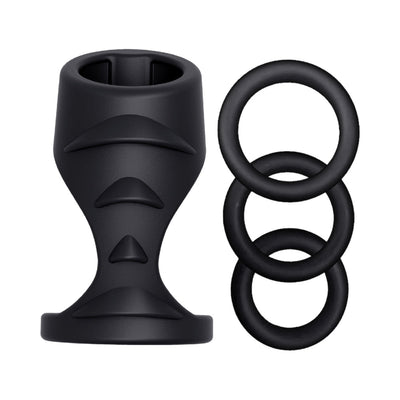 Black ribbed penis sleeve with attached cock ring and three additional black silicone cock rings in varying sizes.