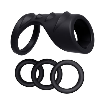 Black ribbed penis sleeve with attached cock ring and three additional black silicone cock rings in varying sizes.