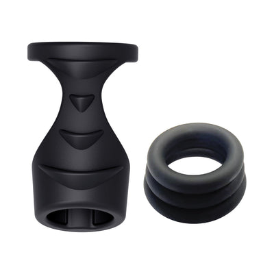 Black ribbed silicone penis sleeve with attached cock ring and three stacked silicone cock rings on white background.