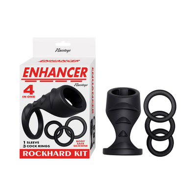 Enhancer Rockhard Kit in black with ribbed sleeve and three varying-sized silicone rings next to branded packaging box.