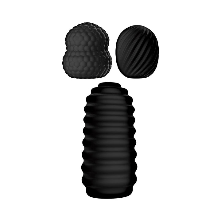 Three black textured pocket-sized handheld strokers with ribbed, twisted, and bumpy surfaces for varied sensations.