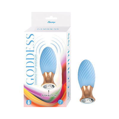 Blue silicone Goddess Diamond Tulip Massager with rose gold base and crystal detail next to its colorful retail box.