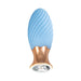 Blue silicone massager with swirl texture and rose gold base featuring a decorative clear diamond-like accent.