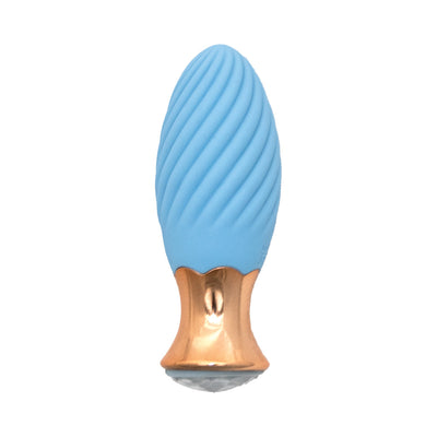 Blue silicone tulip-shaped massager with textured swirl design and metallic gold base.