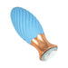 Blue silicone tulip-shaped massager with rose gold handle and clear diamond-like base detail.