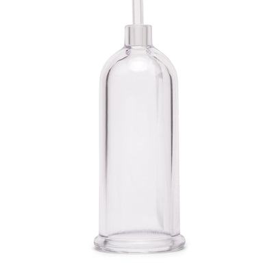 Clear cylindrical clitoral pump chamber with attached long tube for suction and quick-release valve.