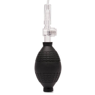 Black textured hand pump with clear quick-release valve and tubing for clitoral suction device.