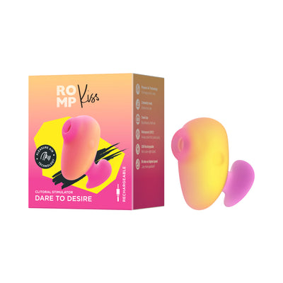 ROMP Kiss clitoral stimulator in pink and coral with ergonomic design shown next to its colorful packaging box.