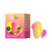ROMP Kiss clitoral stimulator in pink and coral with ergonomic design shown next to its colorful packaging box.