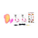 ROMP Kiss Pink/Coral clitoral suction toy with USB charging cable, user guides, and colorful sticker sheet on white background.
