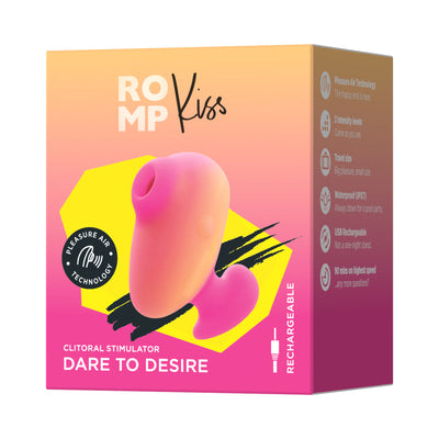 Packaging box of ROMP Kiss clitoral stimulator in pink and coral with product features and vibrant design.