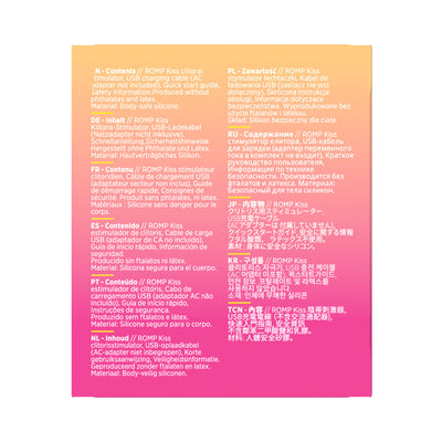 ROMP Kiss product box back with multilingual text detailing contents, safety, and body-safe silicone material information.