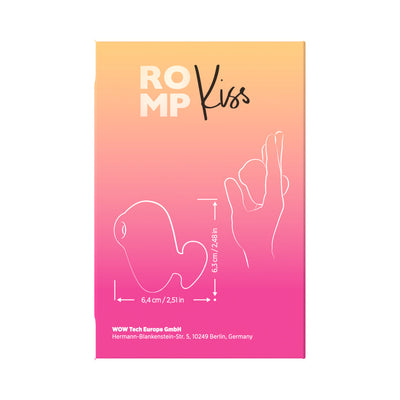 Packaging of ROMP Kiss Pink/Coral clitoral suction toy with size dimensions and hand illustration on gradient pink to orange background.