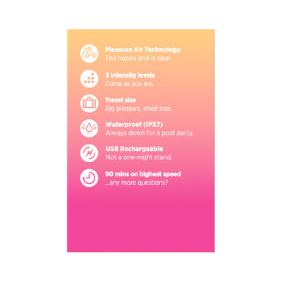 ROMP Kiss product packaging highlighting features like Pleasure Air Technology, 3 intensity levels, travel size, waterproof, USB rechargeable, and 90-minute runtime.