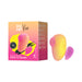 ROMP Kiss clitoral stimulator in pink and coral with ergonomic design next to its vibrant gradient packaging box.