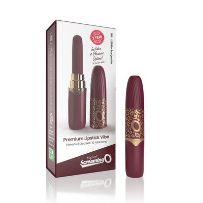 Merlot-colored rechargeable lipstick vibrator with gold leopard print design and matching packaging box.