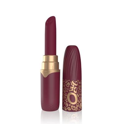 Merlot-colored rechargeable vibrating lipstick with gold accents and leopard print cap, designed for discreet pleasure.