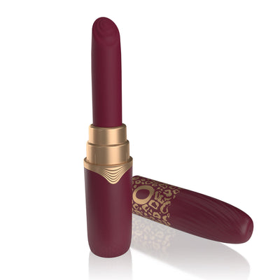 Merlot-colored rechargeable vibrating lipstick with gold accents and leopard print cap on white background.