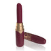 Merlot-colored rechargeable vibrating lipstick with gold accents and leopard print cap on white background.