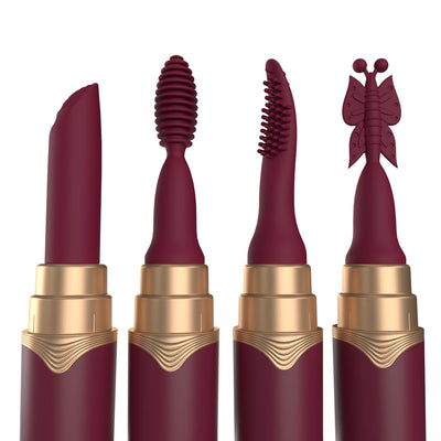 Four interchangeable Merlot-colored silicone tips for a rechargeable lipstick vibrator with gold accents.