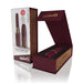 Merlot-colored rechargeable vibrating lipstick with gold leopard print in open luxury box and product packaging.