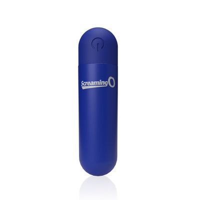 Blue Screaming O Soft Touch rechargeable bullet vibrator with power button and logo on white background.