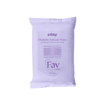 Personal Fav Play flushable intimate wipes pack with chamomile and aloe, 10 wipes in lavender packaging