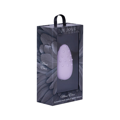 Je Joue Mimi Deux double-sided lilac vibrator with textured surface displayed in elegant black feather-themed packaging.