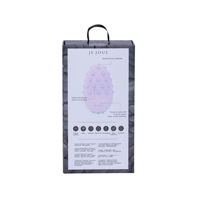 Packaging box of Je Joue Mimi Deux double-sided lilac clitoral vibrator with product features and icons on the back.
