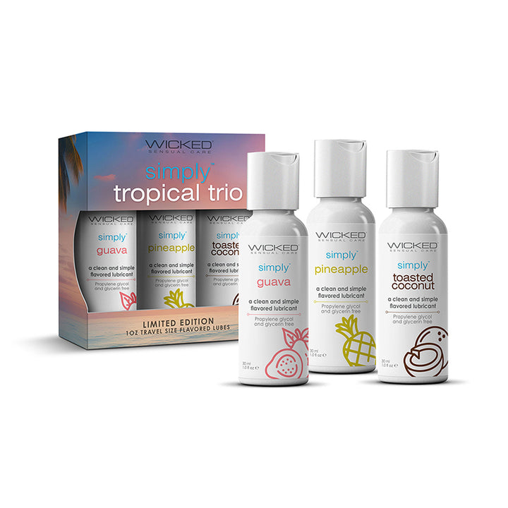 Wicked Aqua Simply Tropical Trio 1oz travel-sized lubricants in guava, pineapple, and toasted coconut flavors with colorful packaging.
