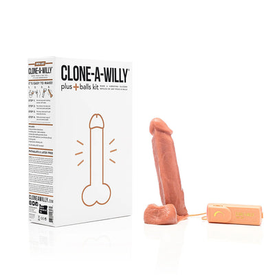 Clone-A-Willy Plus with Balls kit in medium skin tone including silicone replica and attached vibrator with control.