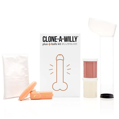 Clone-A-Willy Plus Balls kit with molding powder, silicone containers, clear casting tube, and vibrating device in medium skin tone packaging.