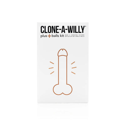 Clone-A-Willy Plus Balls kit packaging with simple line art of a penis and testicles on a white background.