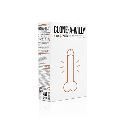 Clone-A-Willy Plus Balls kit box in medium skin tone with simple line illustration and product details on white background.