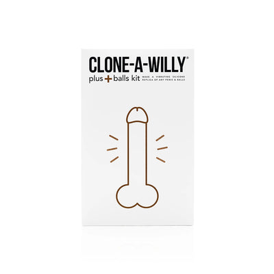 Clone-A-Willy Plus Balls kit packaging with simple line drawing of a penis and balls on a white background.