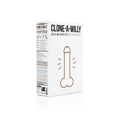 Clone-A-Willy Plus with Balls DIY kit box in deep skin tone packaging with simple line art illustration.