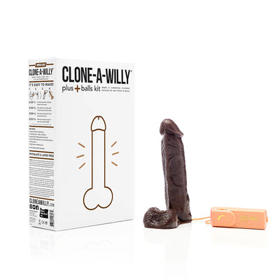 Clone-A-Willy Plus with Balls DIY kit in deep skin tone with vibrating silicone replica and packaging box.