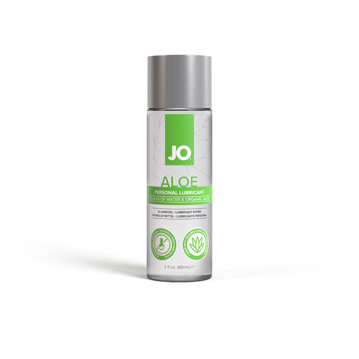 Bottle of JO Aloe Water-Based Personal Lubricant with green and silver label, 2 oz size on white background.