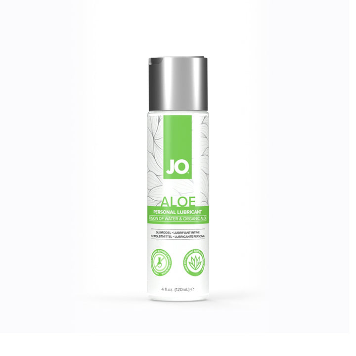 Bottle of JO Aloe Water-Based Personal Lubricant with green and white label and silver cap, 4 oz size.