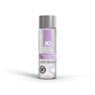 Bottle of JO Agape Original water-based personal lubricant with purple label and silver cap, 8 fl oz size.