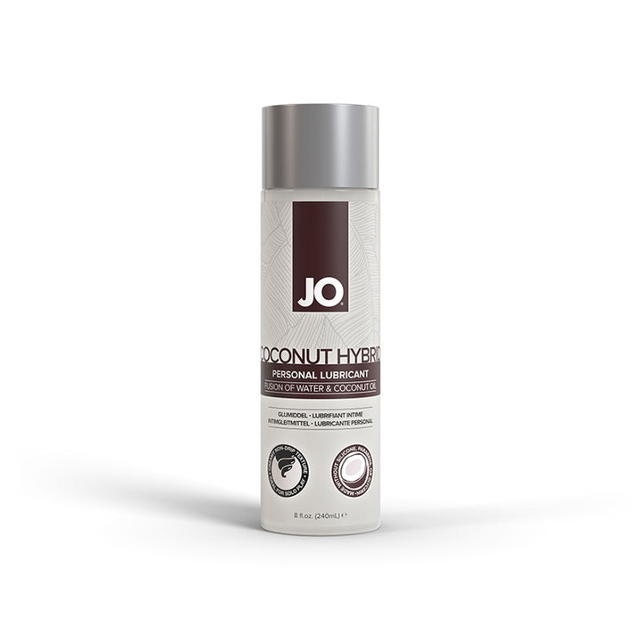 Bottle of JO Coconut Hybrid personal lubricant with water and coconut oil blend, 8 oz size with silver cap.