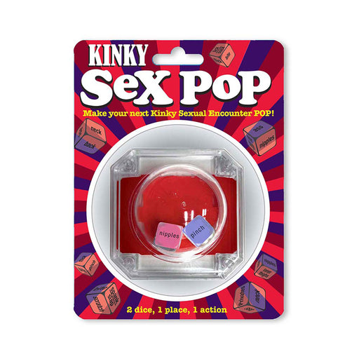 Kinky Sex Pop dice game packaging with two colorful dice featuring playful actions and body parts for couples.