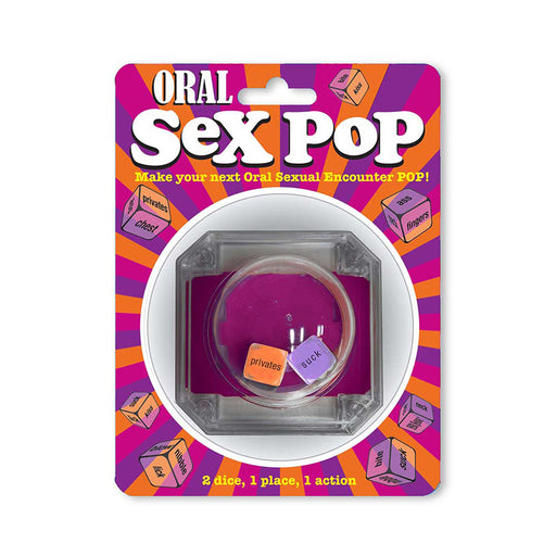 Oral Sex Pop dice game packaging with two colorful dice featuring actions and body parts for playful intimate fun.