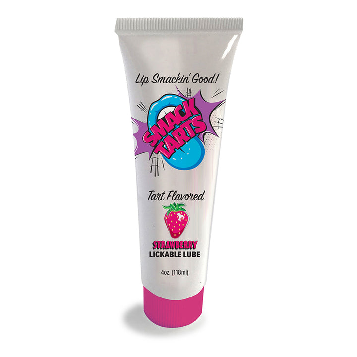 Tube of Smack Tarts strawberry flavored lickable lube with colorful logo and pink cap, 4 oz size.